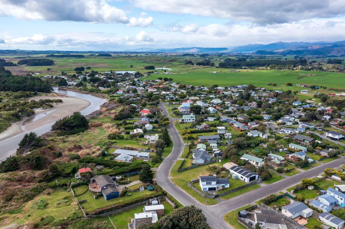 Aerial view of part of Waikawa Beach from September 2022. 