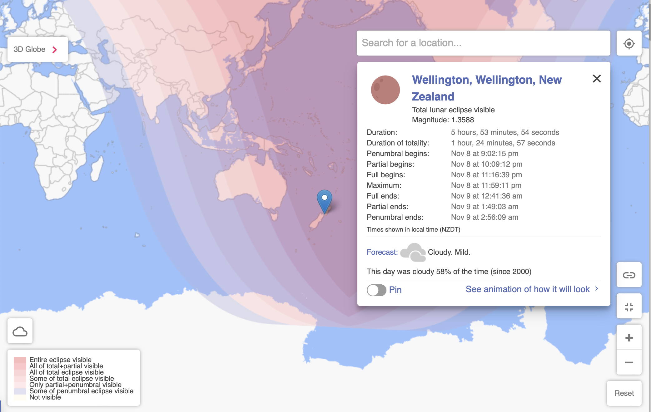 Screenshot of eclipse times for Wellington, New Zealand. 