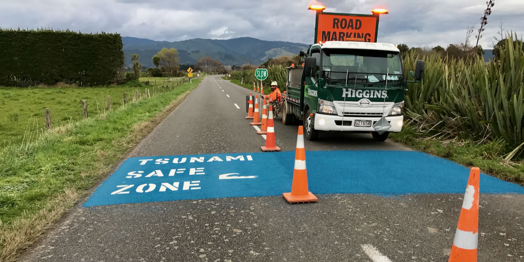 Tsunami Safe Zone road marking in August 2017. 