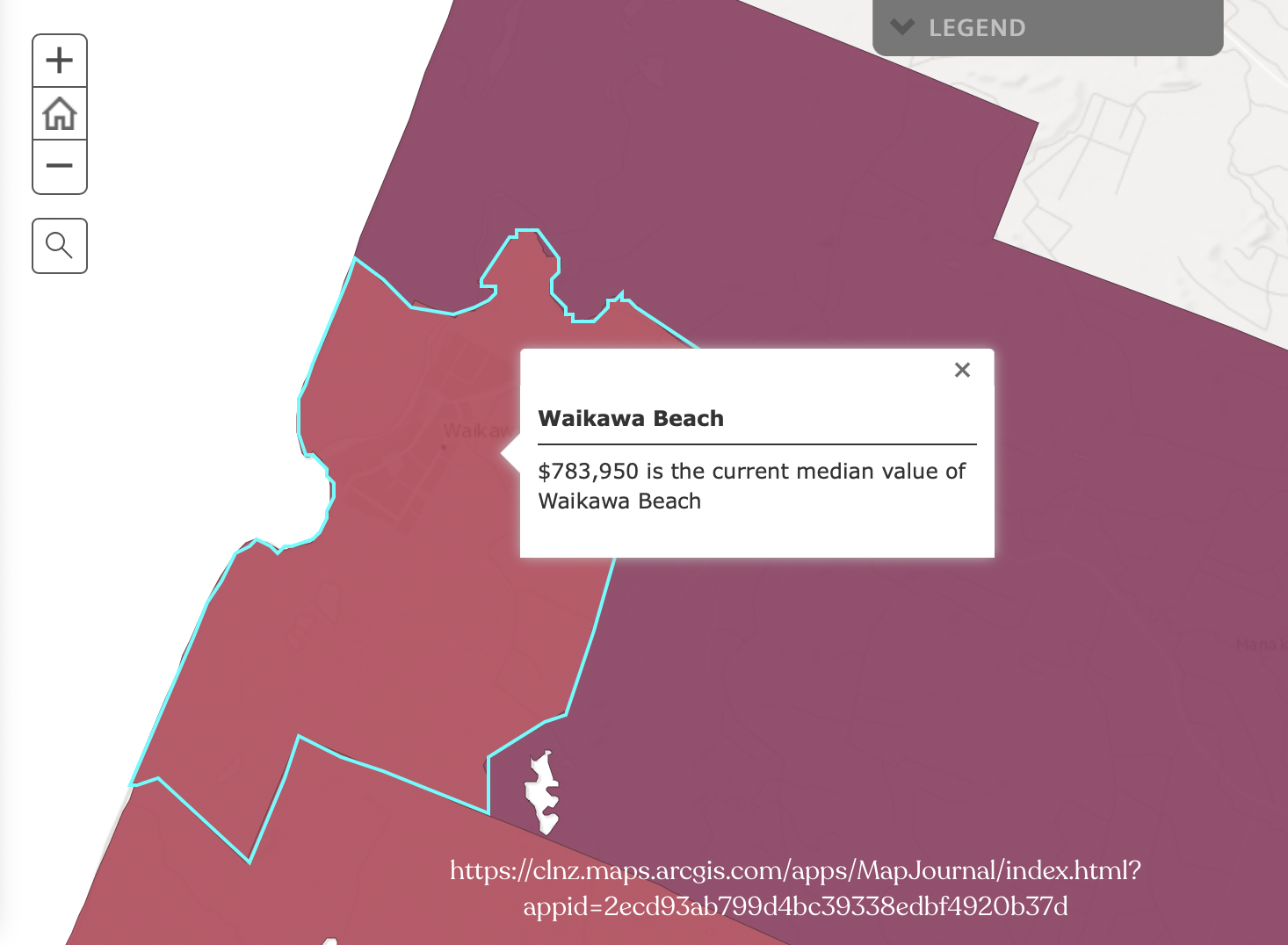 Screenshot of map with Waikawa Beach median house price shown. 