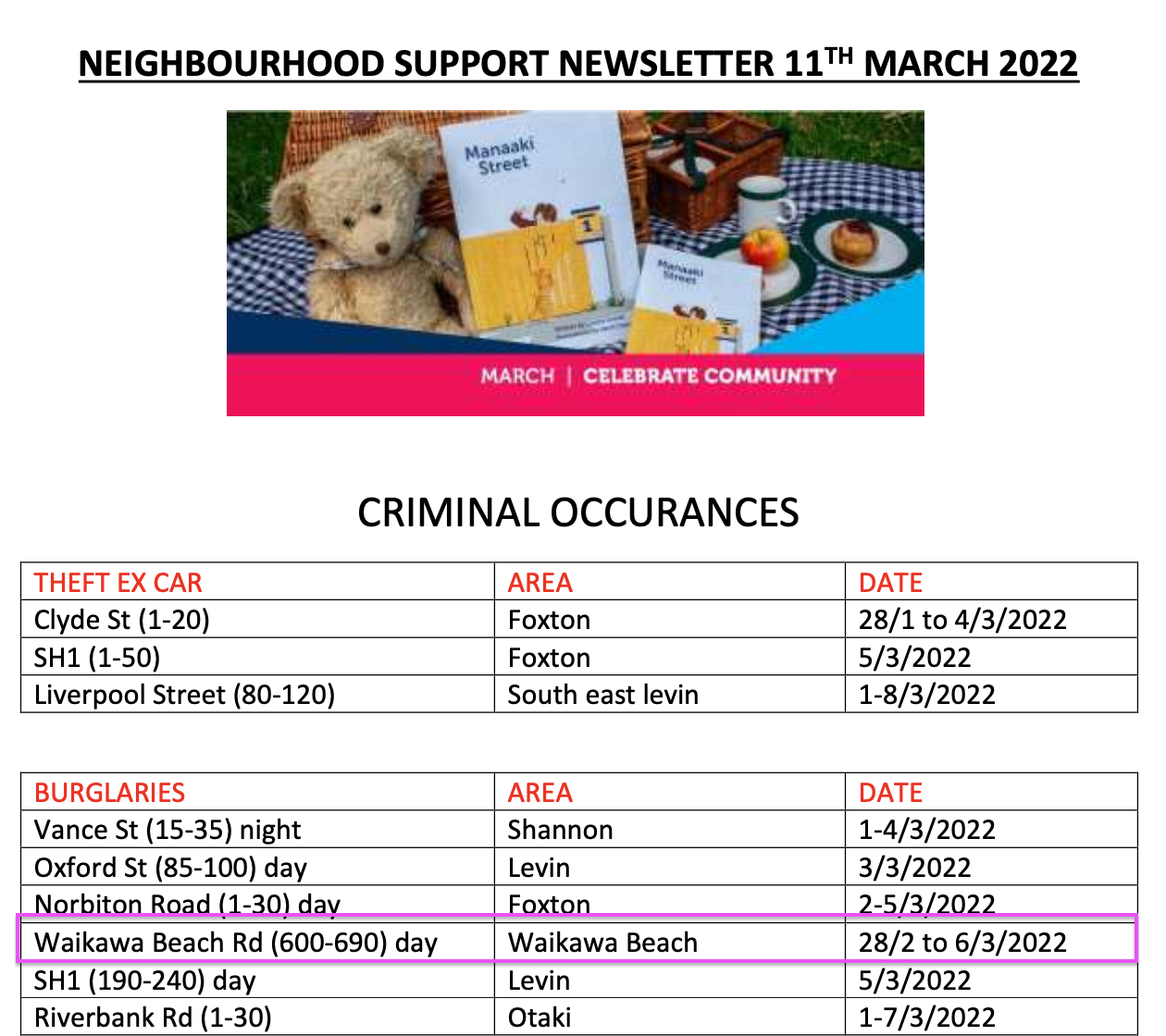 Screenshot from Neighbourhood Support Newsletter, 11 March 2022. 