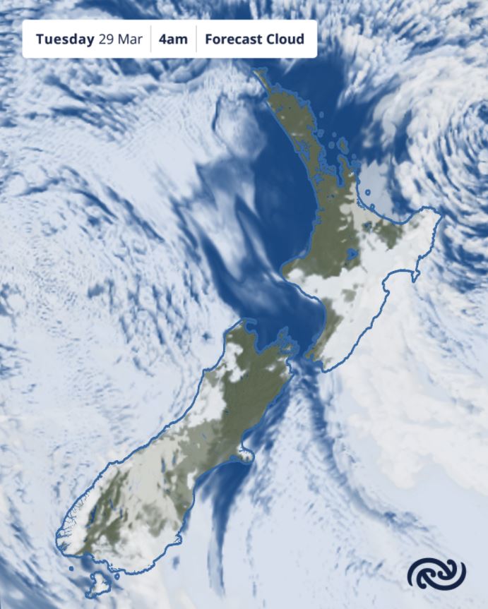 Map showing Waikawa Beach may not have cloud cover at 4am on 29 March 2022. 